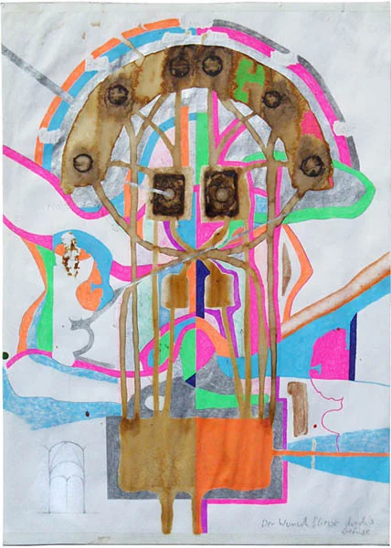 Wunsch Fliesst Durchs Gefüge, 1998/2011, 29,9cm x 21cm, coffee, rust, colored pencil, pencil, gel pen on paper