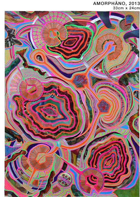 AMORPHÄNO, 2013, 33cm X 24cm, collage with paper, coin, plastics, wood, pages of art catalogs, cardboard, gel pen, colored pencil on paper