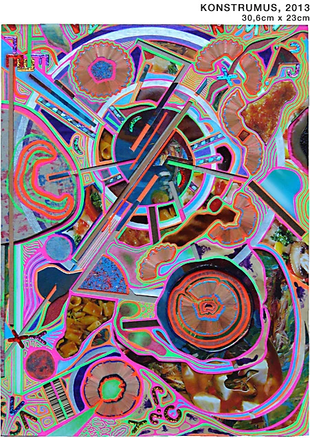 KONSTRUMUS, 2013, 30,6cm x 23cm, collage with pages of art catalogs, paper, packagings, cardboard, wood, plastics, glue and gel pen, colored pencil on paper