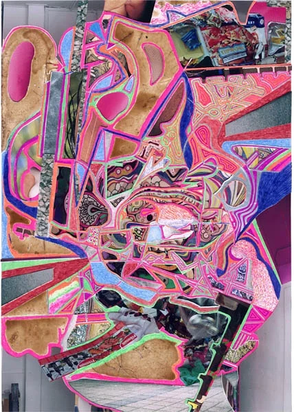 Gott Ist Pleite N°7, 2007, 29,7cm x 21cm, collage with photos and pencil, ball pen, gel pen, colored pencil, coffee and sugar on paper