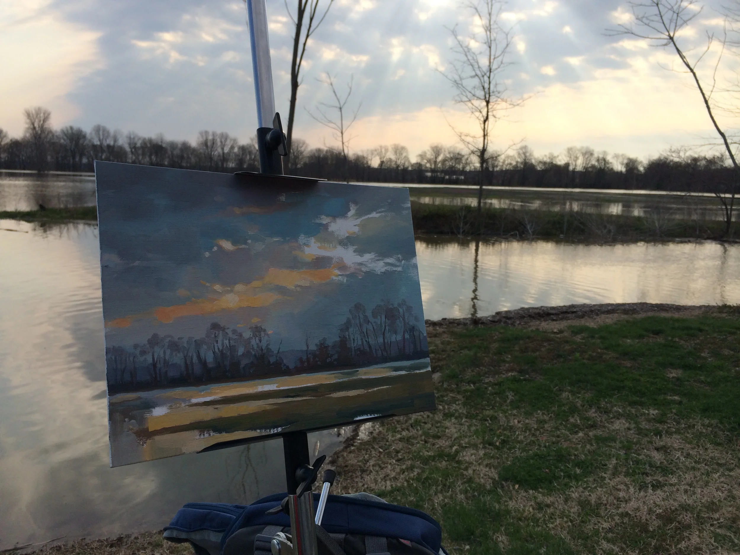 Painting in progress. Note the backpack hanging on the easel to act as a counterweight so it didn't blow over....