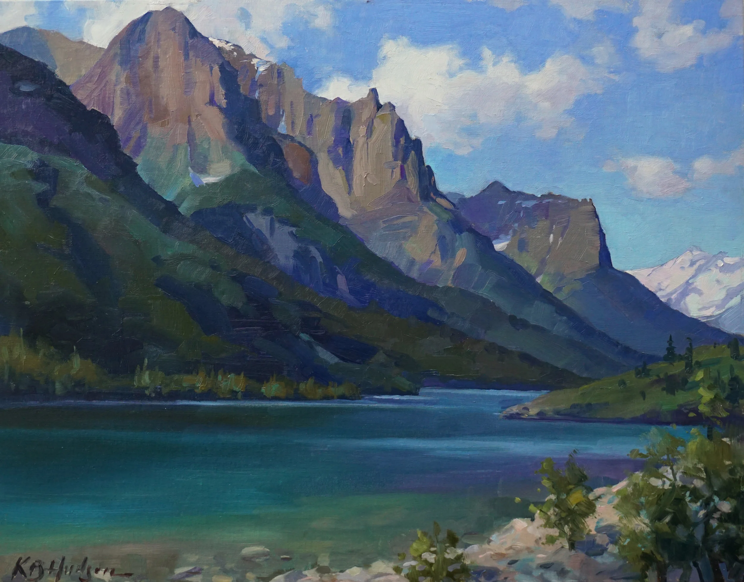 “Morning at St. Mary’s Lake,” by Kathleen B. Hudson, 2016, oil on linen, 14 x 18 in.
