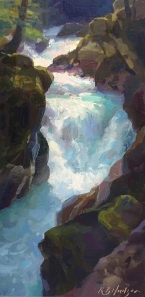 "Early Light on Avalanche Creek Gorge," 16 x 8 in., oil