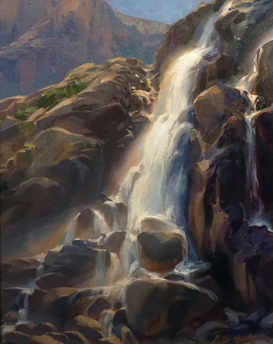 Finished: Bright Morning, Timberline Falls (2016), Oil on linen panel, 18 x 14 in. plein air
