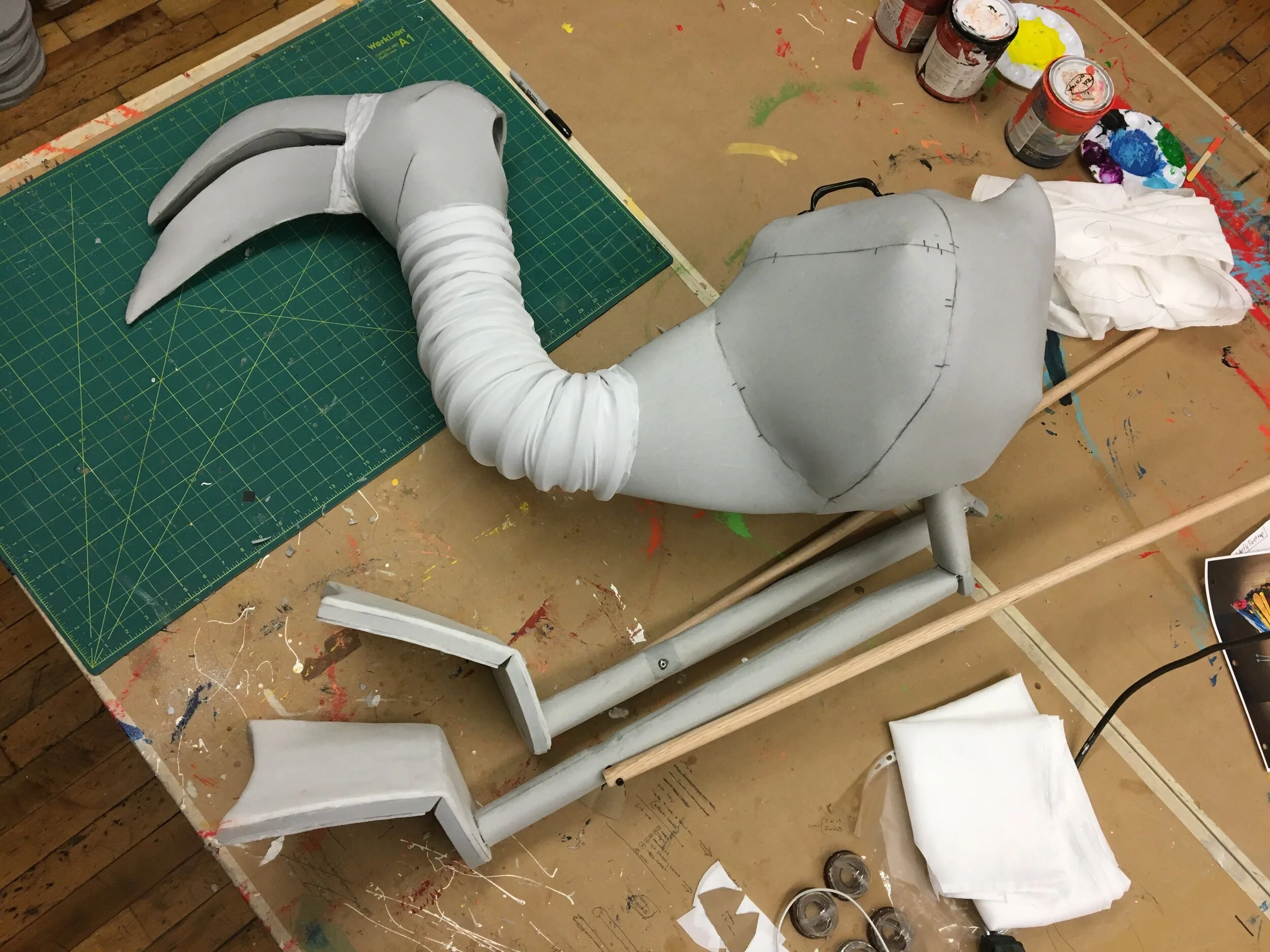 flamingo puppet in progress with hardware and boning