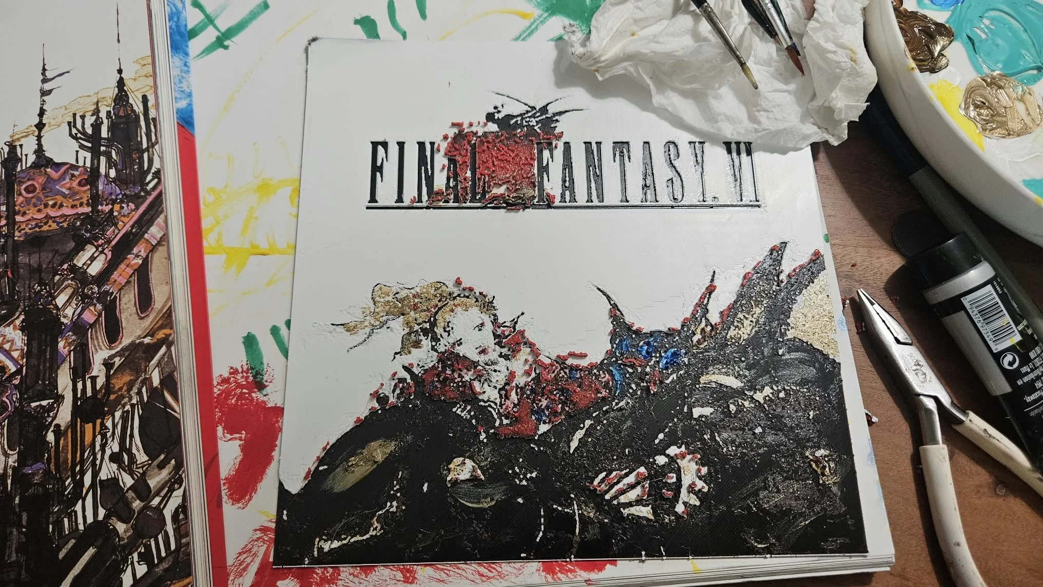 Hand-painted Final Fantasy VI relief by Studio Otesei, showing Terra Branford riding Magitek armor; work in progress.