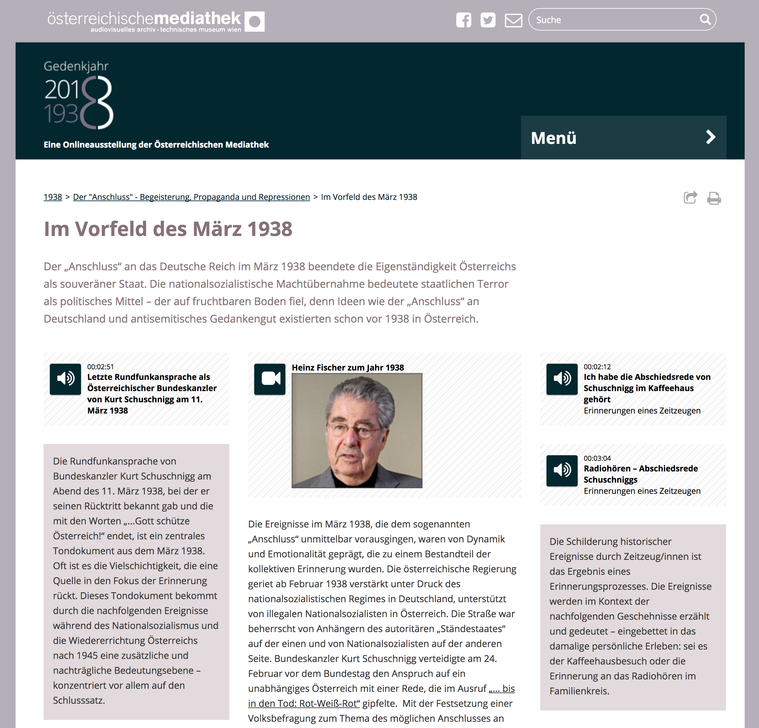 Screenshot des Kapitels " Der "Anschluss" - Begeisterung, Propaganda und Repressionen " der Onlineausstellung