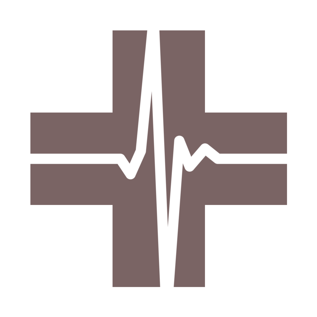 image of a dark mauve medical cross with a heartbeat line through it