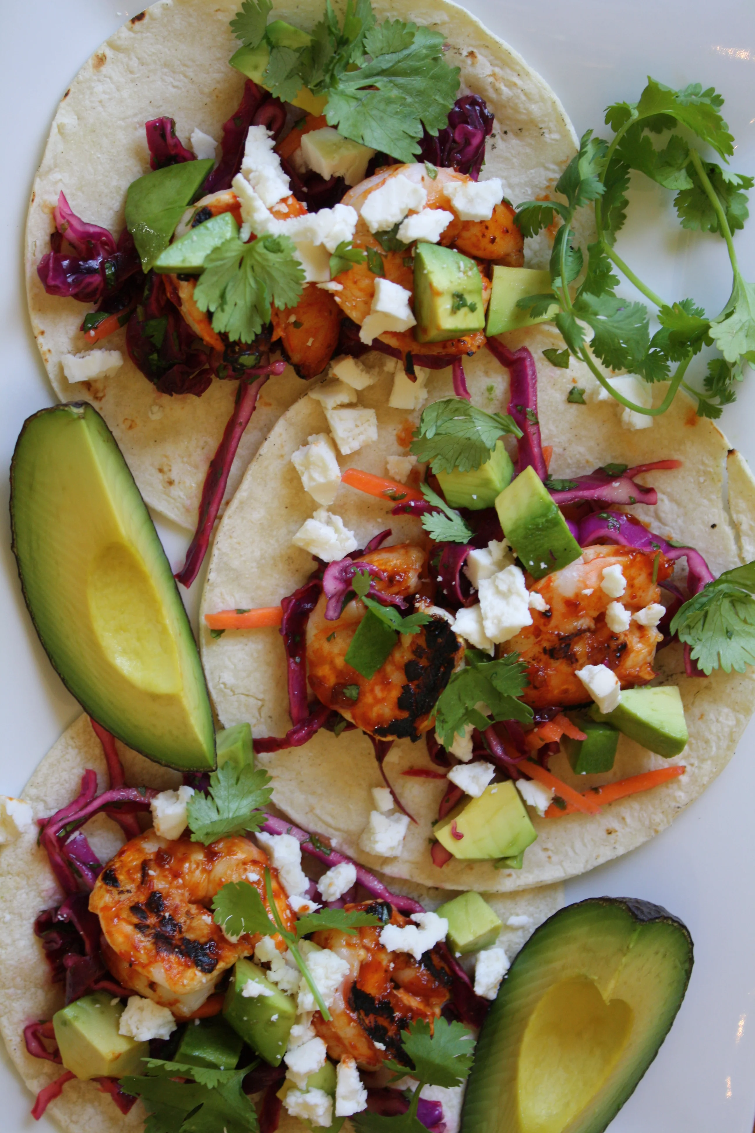 Grilled Chipotle Shrimp Tacos with Cilantro-Lime Slaw and Fresh Avocado