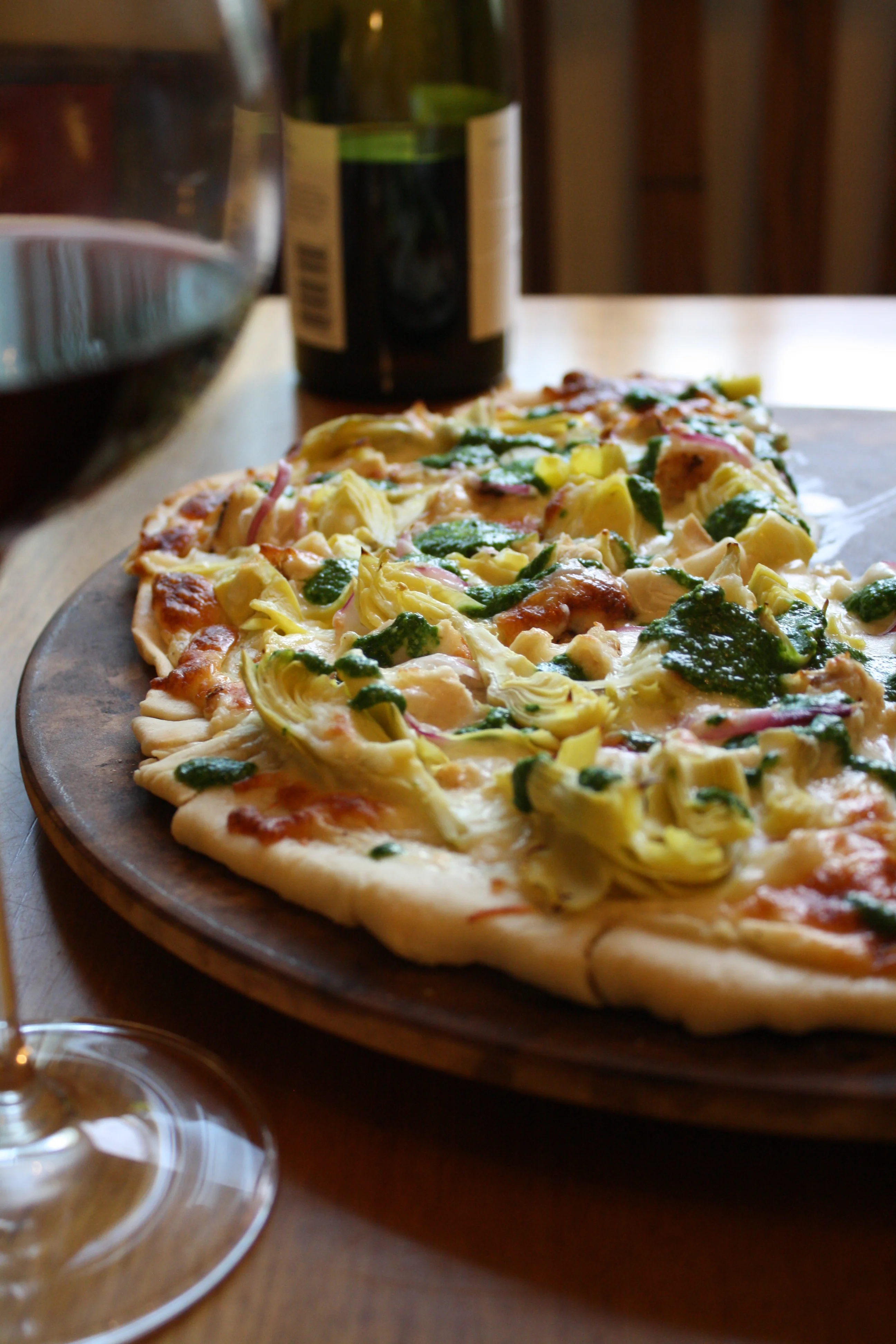 Chicken Artichoke Pizza with Spinach-Basil Pesto