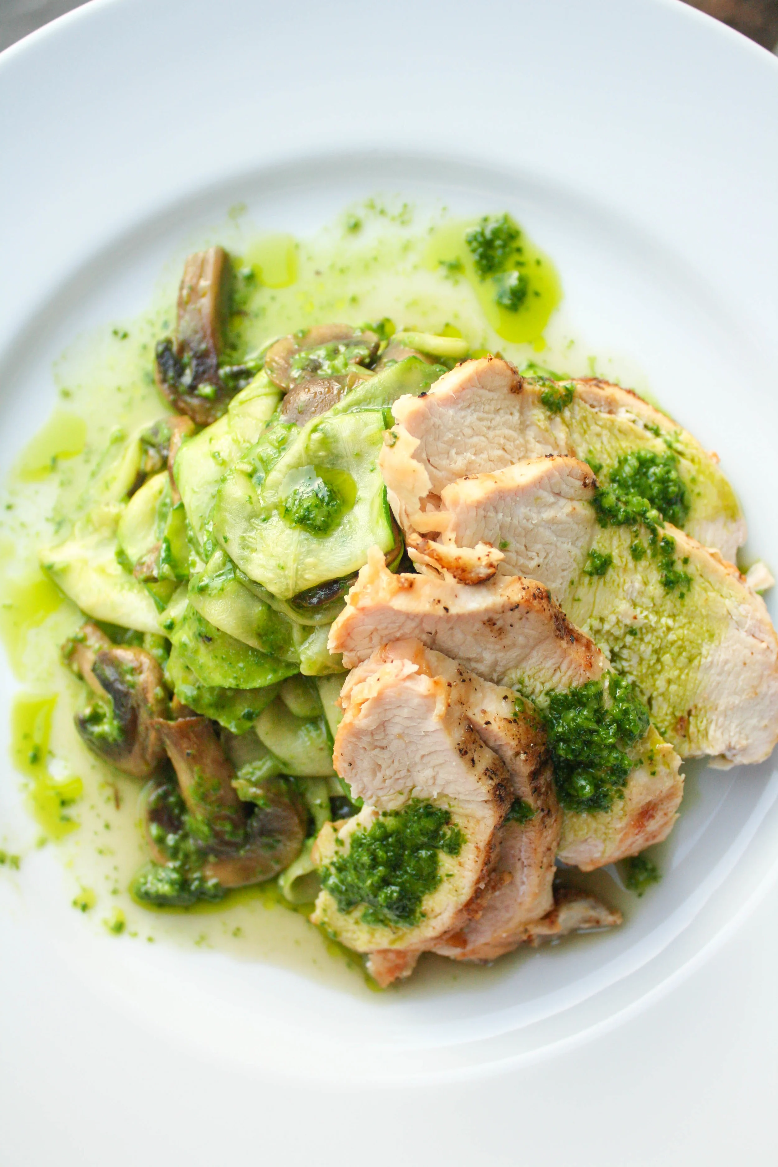 Chicken with Zucchini Ribbons, Mushrooms, and Spinach Pesto