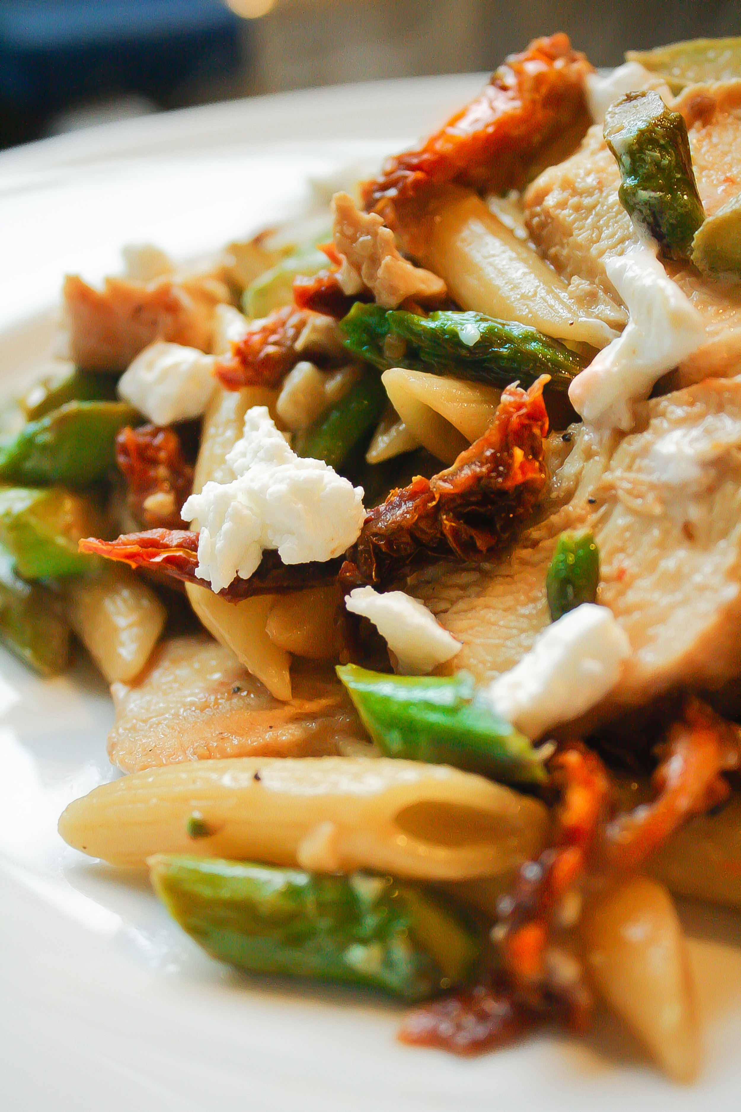 Pan-Roasted Chicken and Asparagus Pasta with Sun-Dried Tomatoes and Goat Cheese