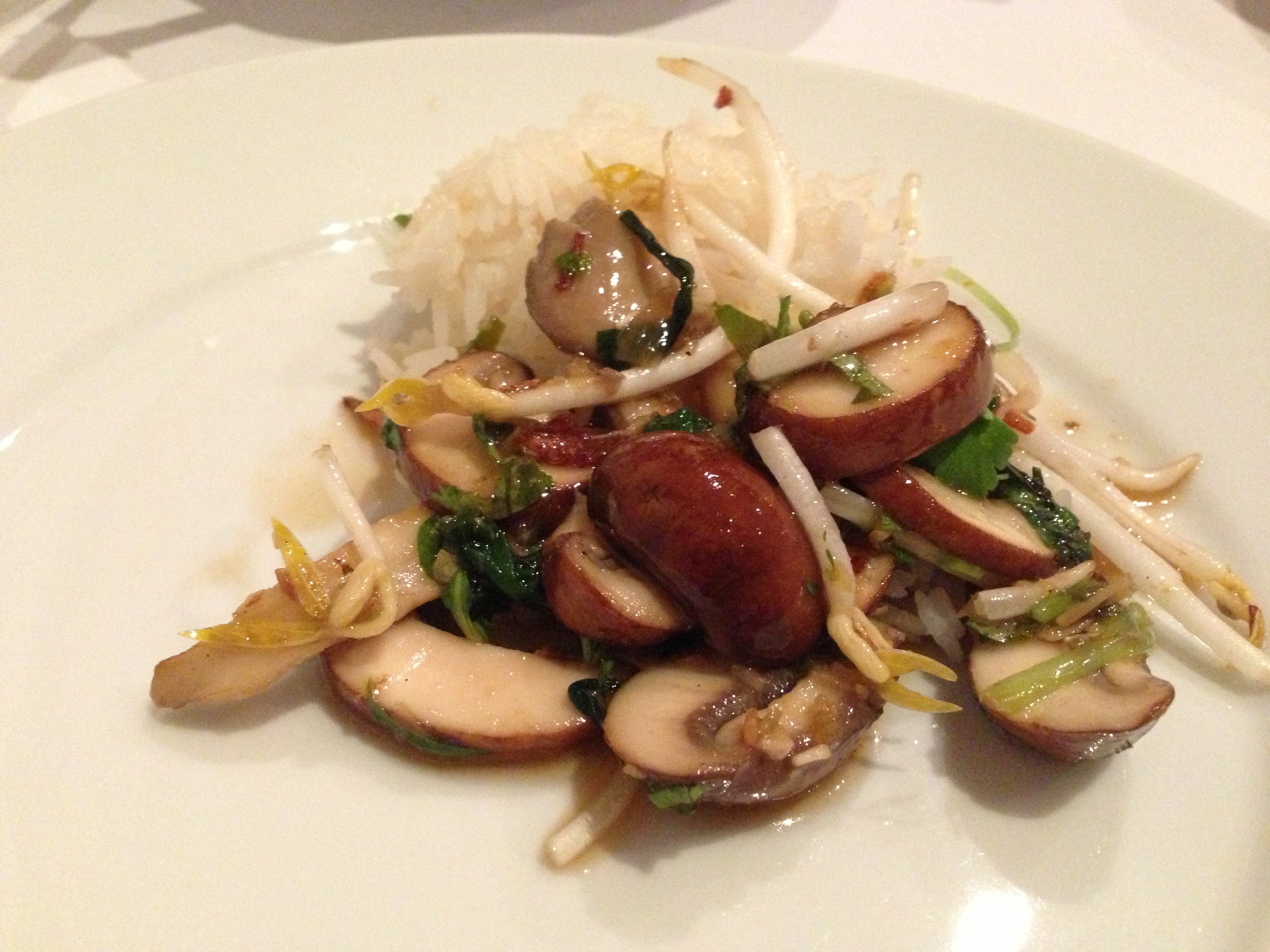 Warm mixed mushroom salad with galangal dressing