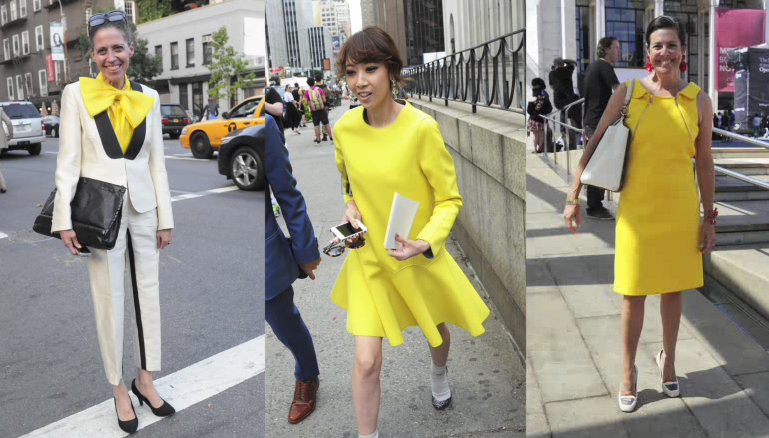 Bill Cunningham of the  NY Times  says "joyous sunflower colours were a favourite of many women during Fashion Week, on shoes and print dresses"  