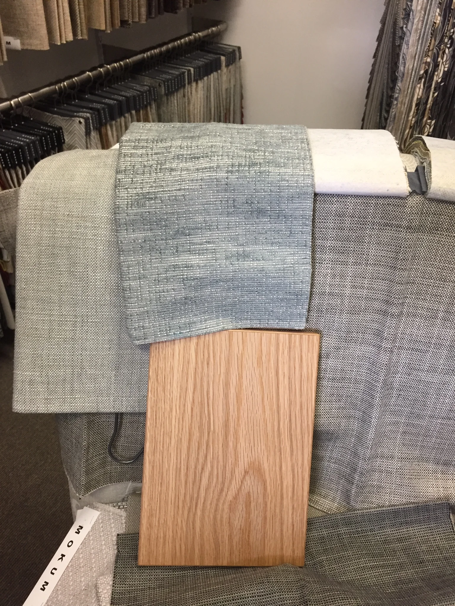 American Oak veneer we're using in the dining/living room area is lined up against some potential Hokum fabrics.