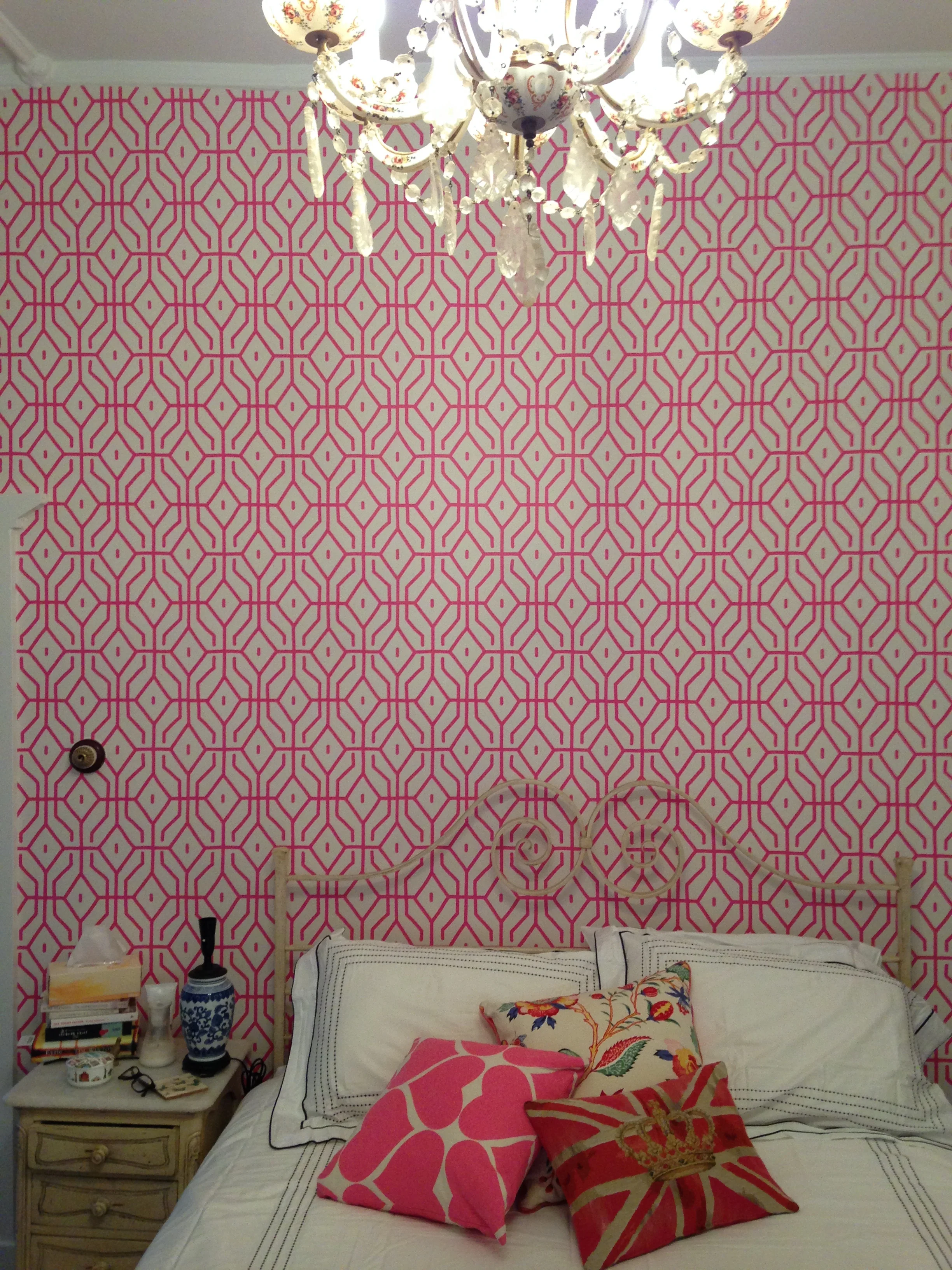 Wallpaper - Anna Spiro for Porter Paints Rosey Posey Trellis in Pink Ginger - spot the new blue and white lamp on the bedside table - waiting for a new shade.