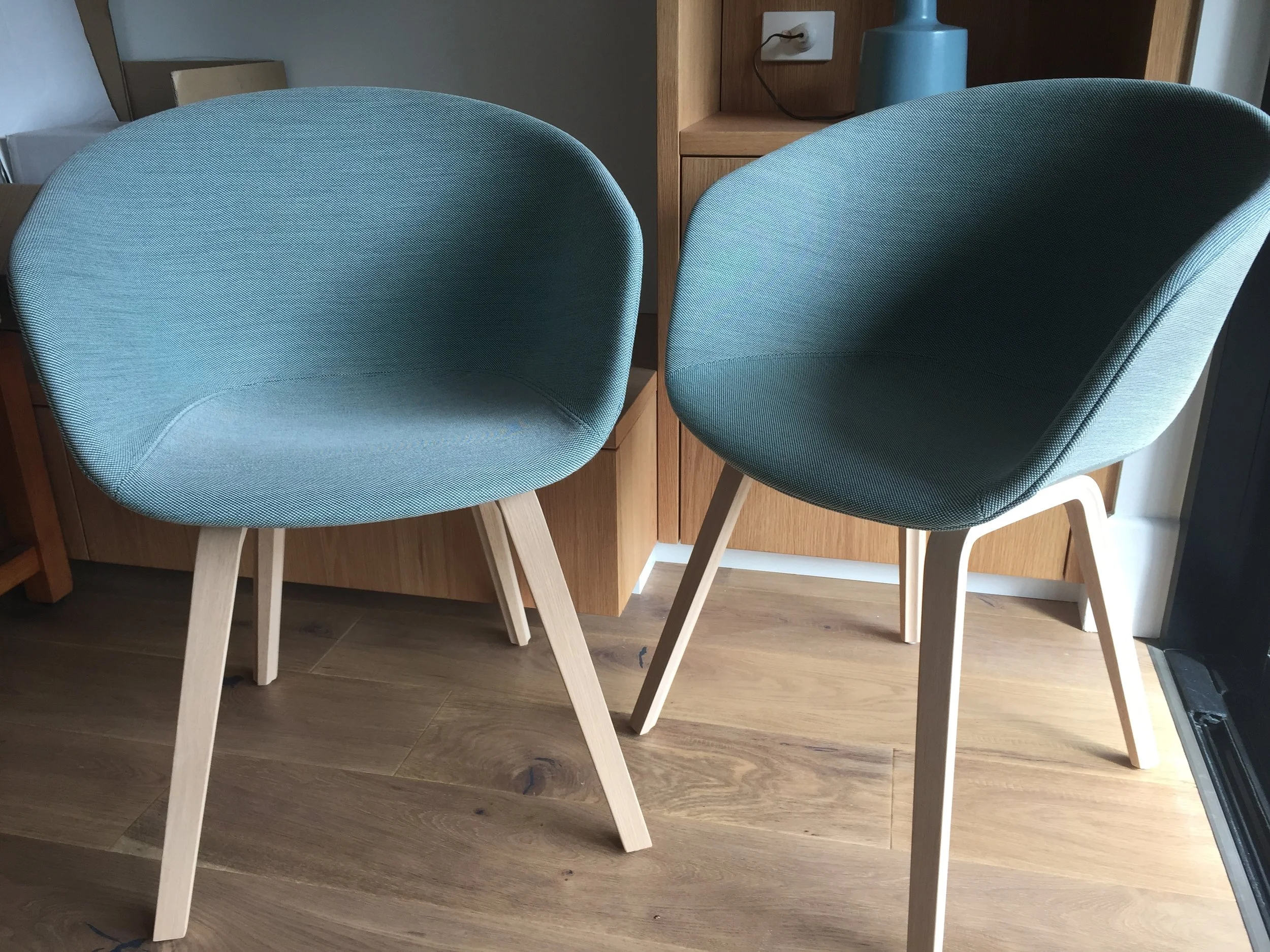Our gorgeous dining chairs for both table ends - the Hay About A Chair upholstered. Fabric detail below (note how they tone well my our original Mertz Marshall Studio ceramic lamp bases...).