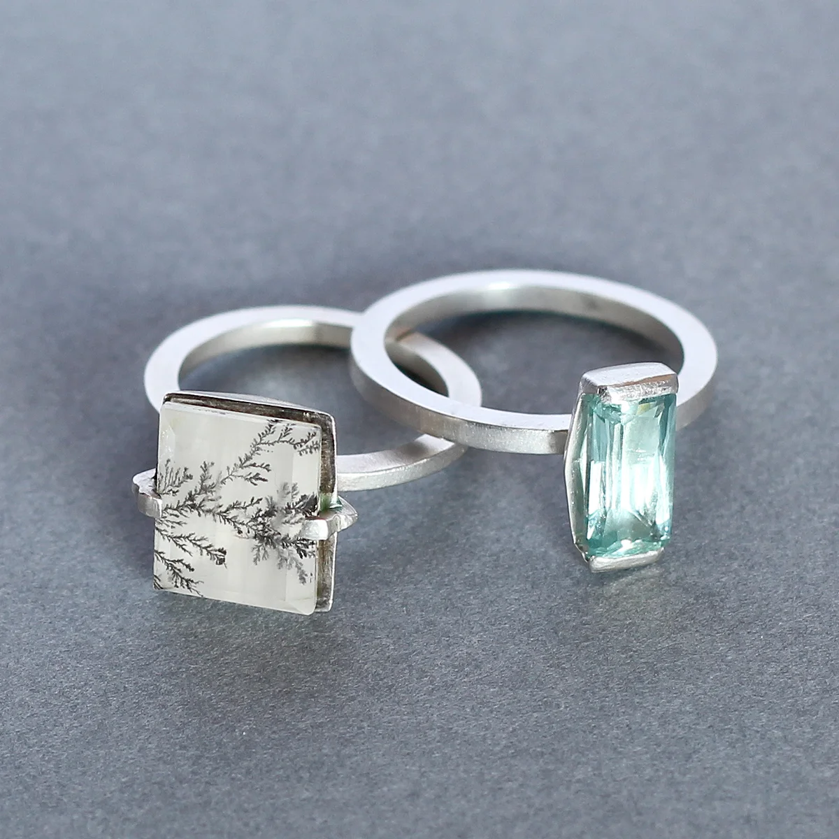 Moss Agate and Aquamarine Rings