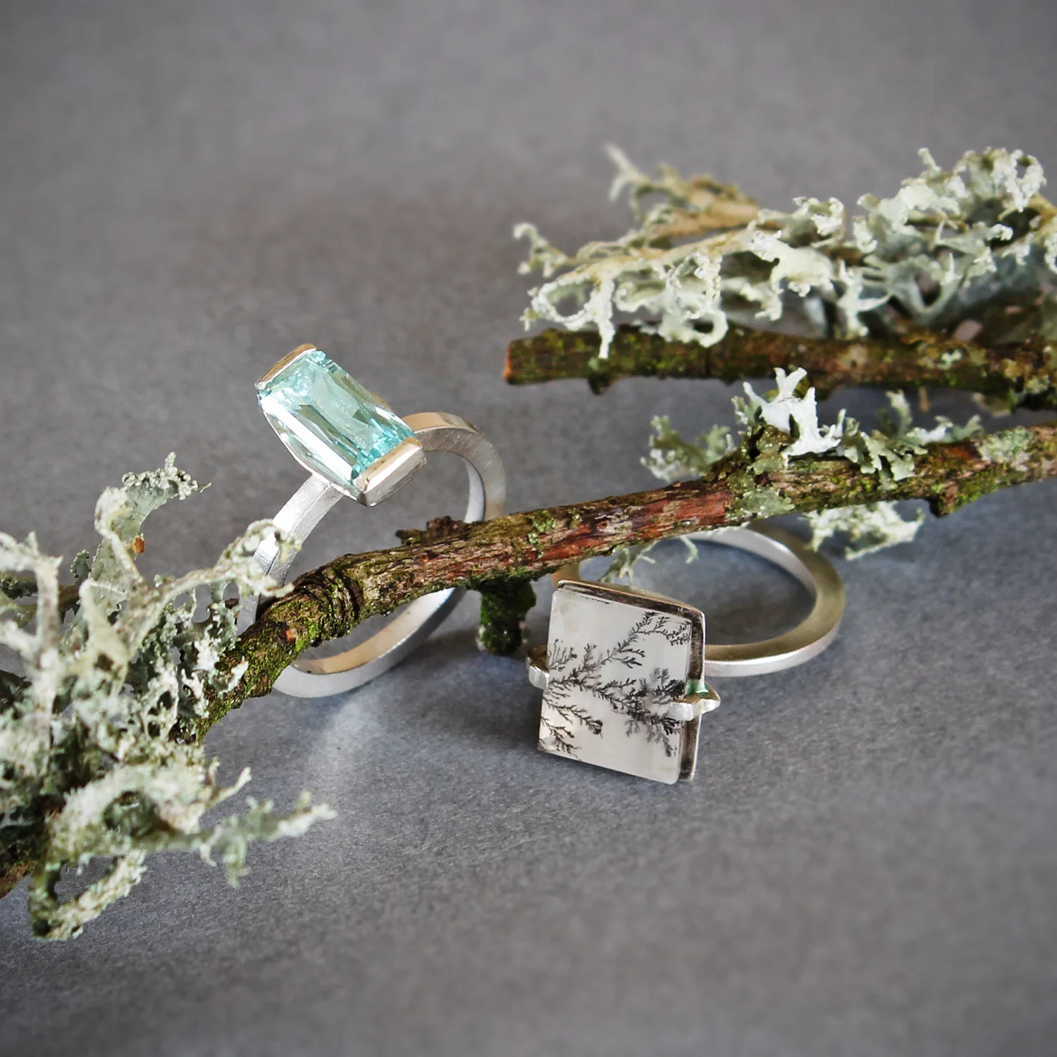 Moss Agate and Aquamarine Rings