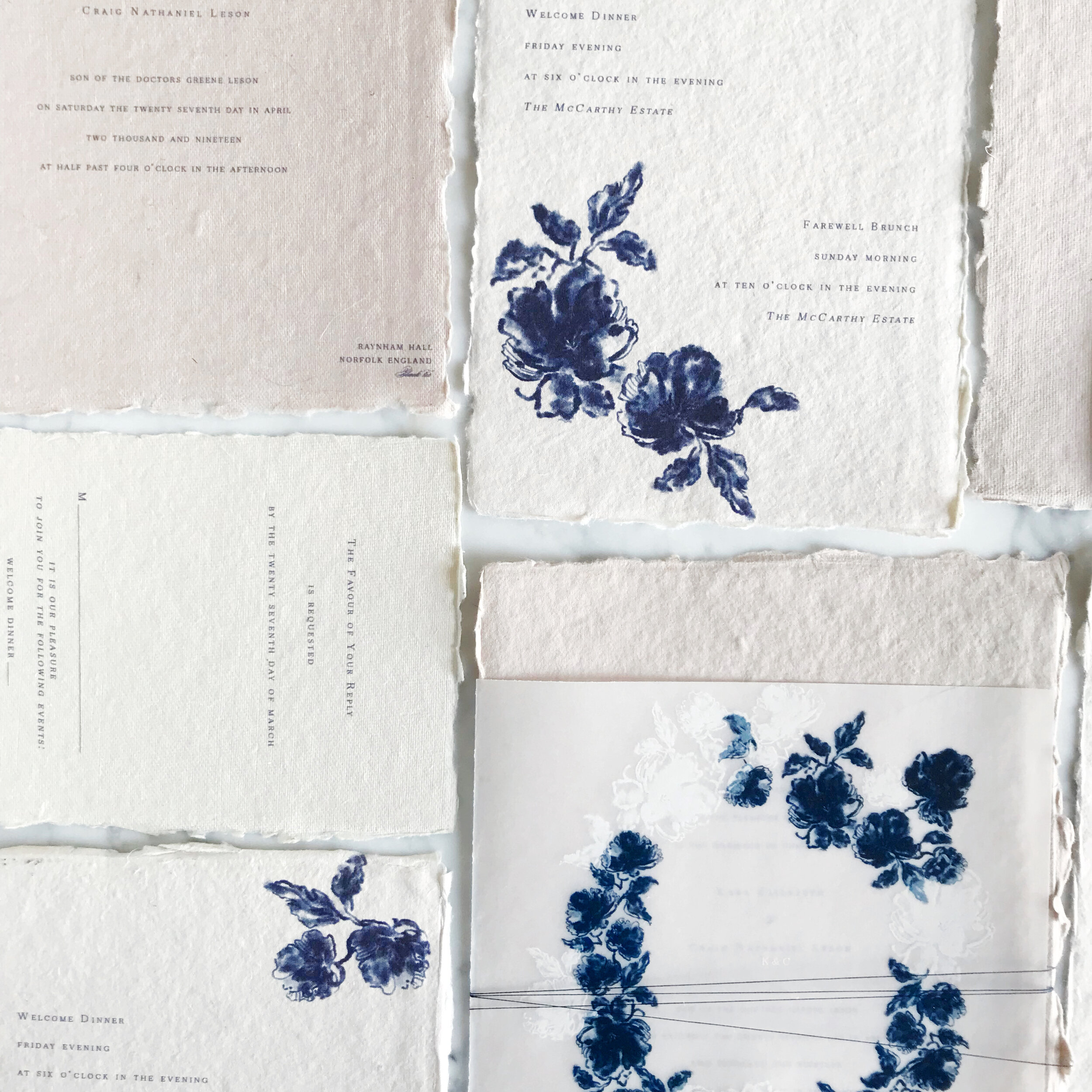 Delft Blue Wedding Invitations, Handmade Paper, Vellum