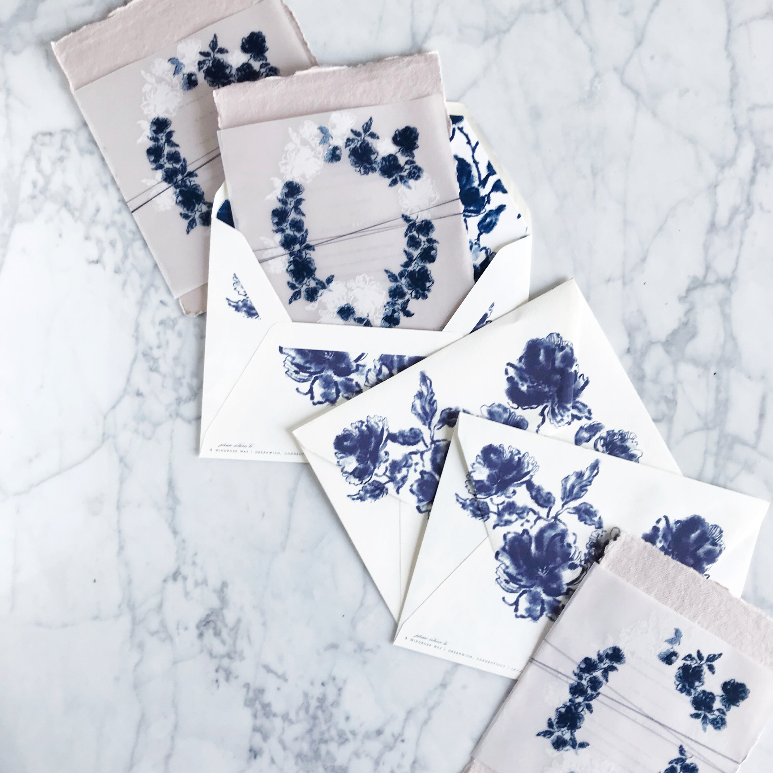 Delft Blue Wedding Invitations, Handmade Paper, Vellum