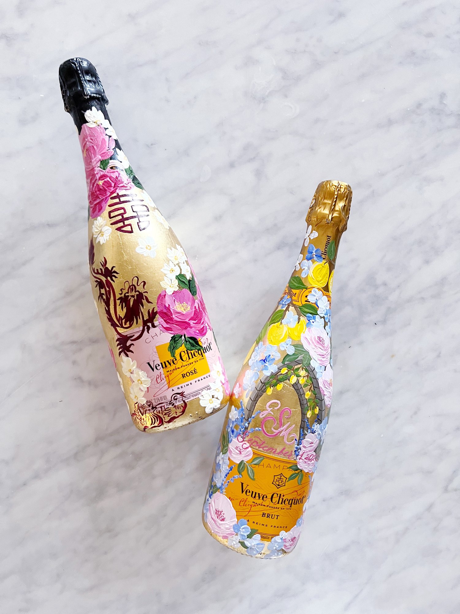 Blush and White Handpainted Veuve Clicquot Bottle — Design House of Moira