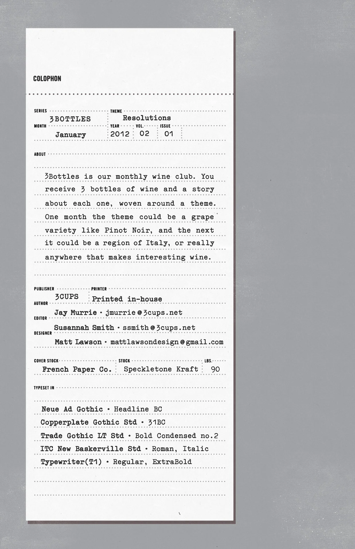 3 Bottles Colophon