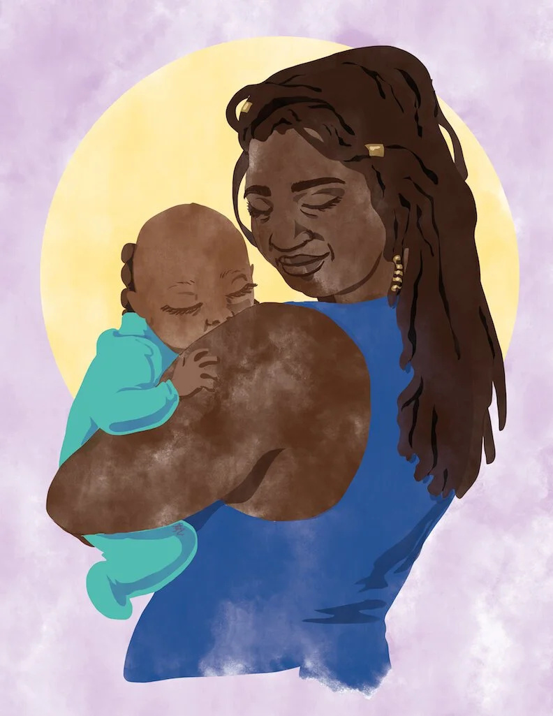 A dark skinned black woman in a blue shirt holds a baby with a smile on her face. There is a large sun in the background.