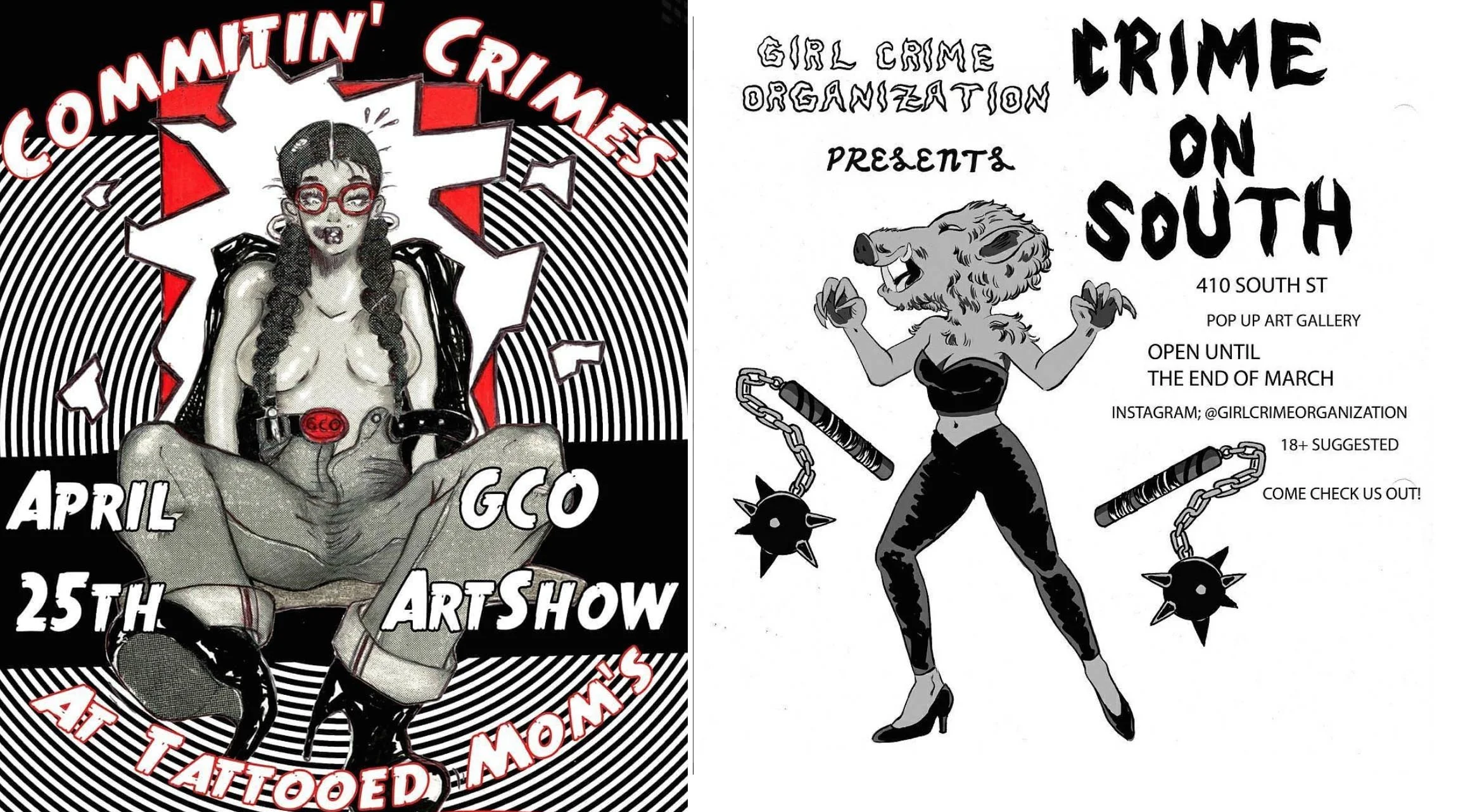 Left: The poster for GCO's show a Tattooed Mom, designed by Mechanical Pencil Girl . Right: GCO's flyer for our pop-up on South St, designed by Tia Gutss .