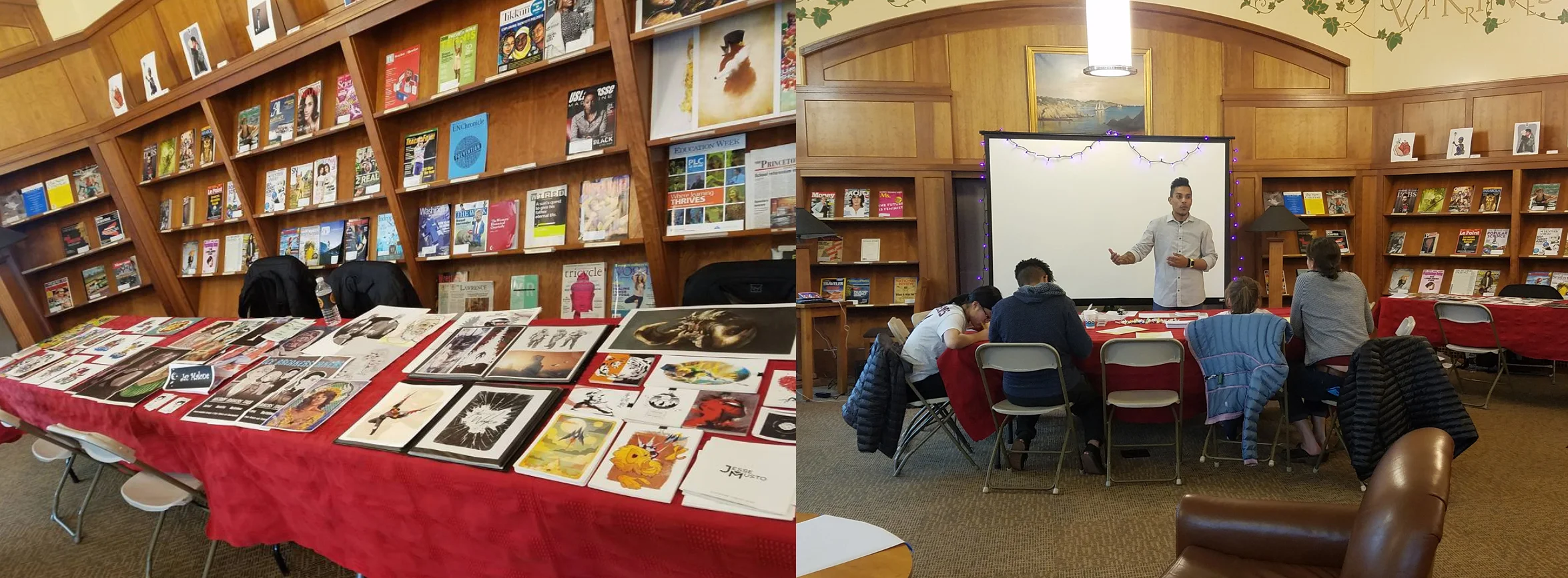 Left: Our setup. Three artists tabled this and last year: Jessie Musto and Aremo Massa . Right: Aremo teaches students how to create their own mini-comics.