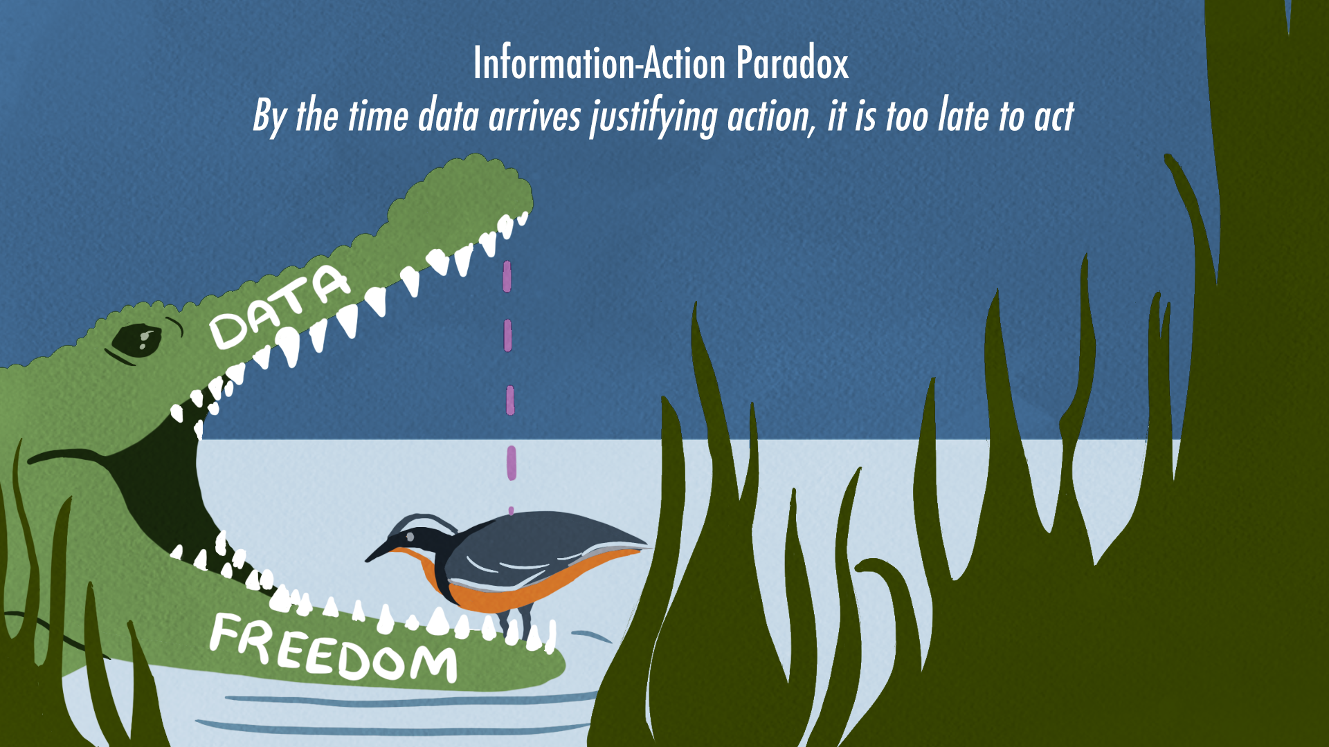 A crocodile opens its mouth. The mouth top says "Data," and the bottom says "Freedom." A bird sits in the gator's mouth. The title is "Information-Action Paradox: By the time data arrives justifying action, it is too late to act."