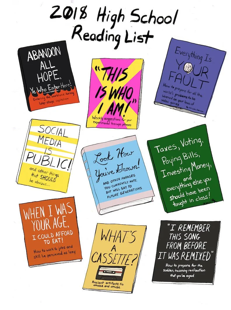The title is "2018 High School Reading List." There are 9 books with satirical titles geared toward what high schoolers should know about aging and social media.