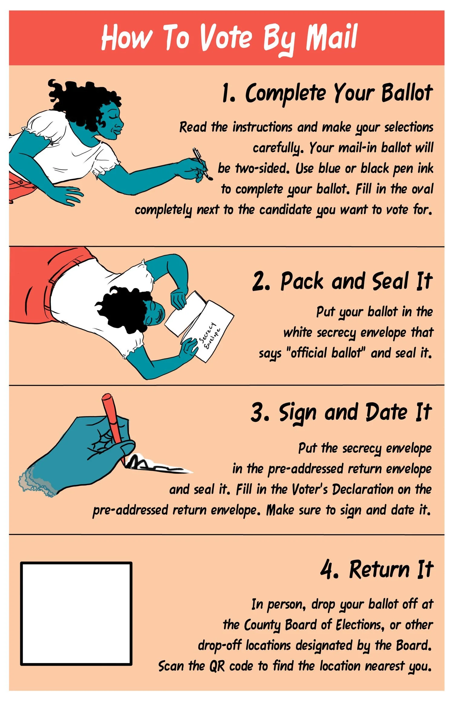 The top reads "How To Vote By Mail." Underneath are 4 steps to vote: Complete Your Ballot, Pack and Seal It, Sign and Date It, and Return It. Each step depicts a woman completing the Vote By Mail process.