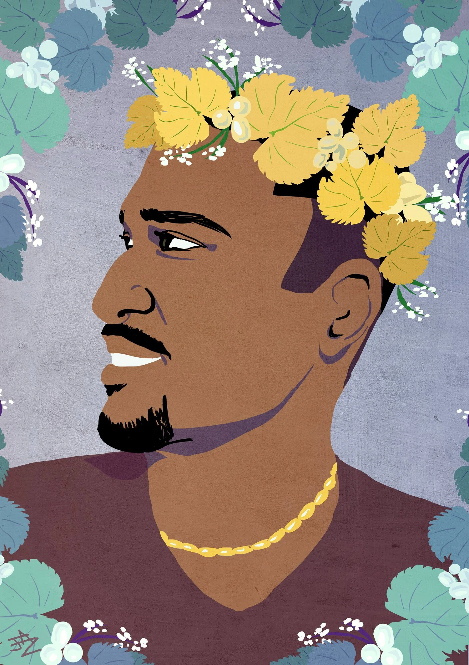A colorful profile portrait of a black man with a grape leaf crown, a gold chain around his neck, and floral arrangements around the image border.