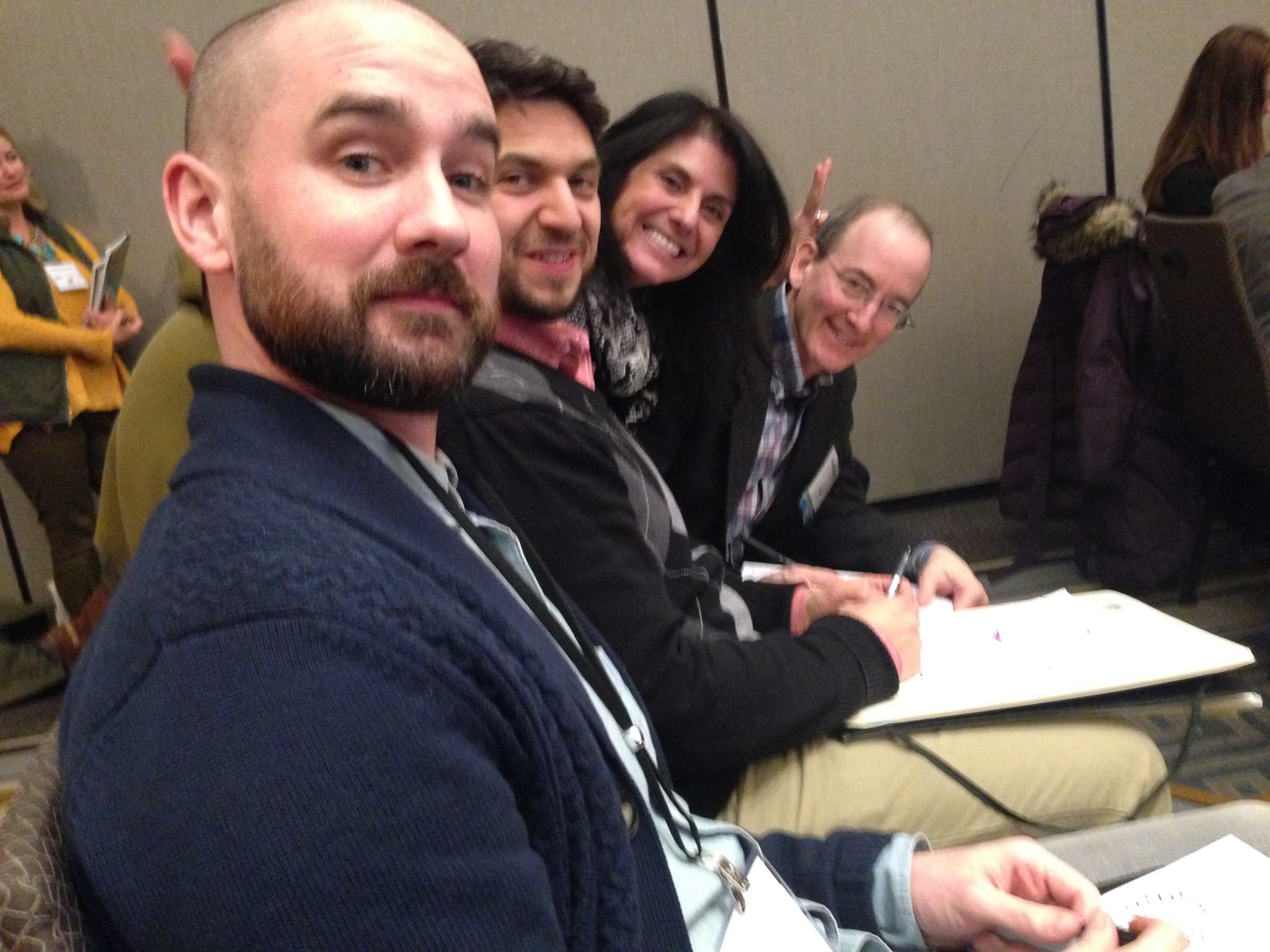 Here's a photo taken by Neal Porter during the Illustrator's Intensive on Friday, with Peter Brown, David Ezra Stein, and Paul Zelinsky.