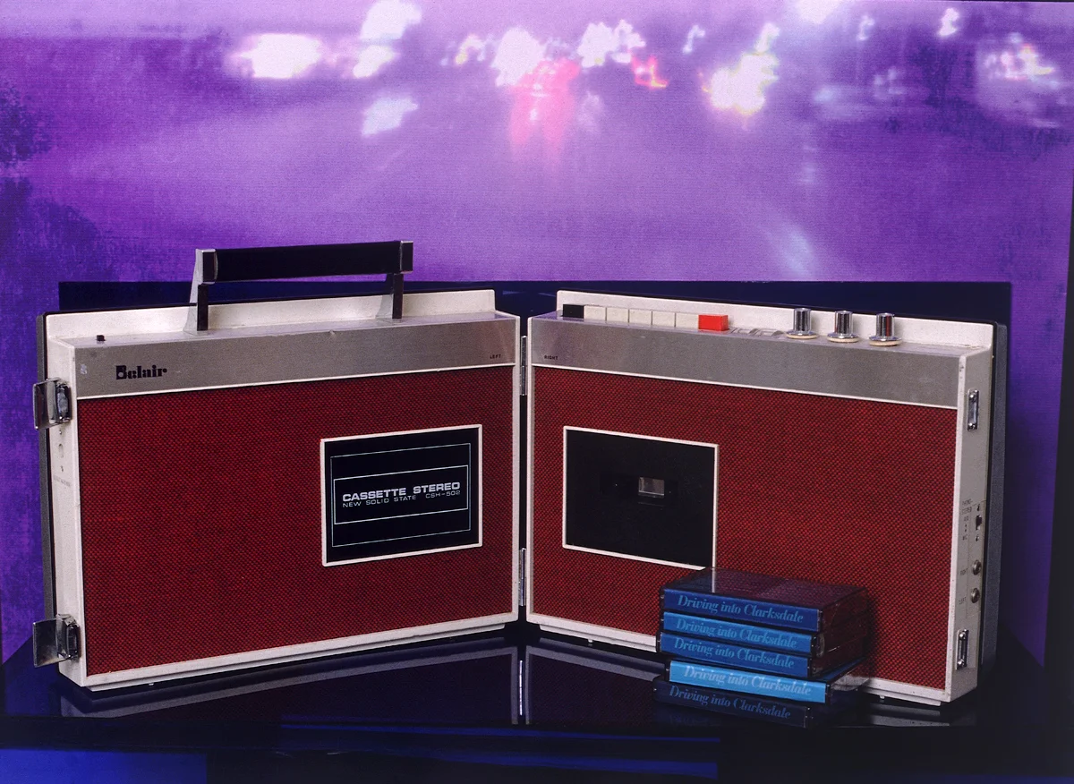 Driving into Clarksdale - cassette player, cassette tapes, photograph, plexiglass, 1997