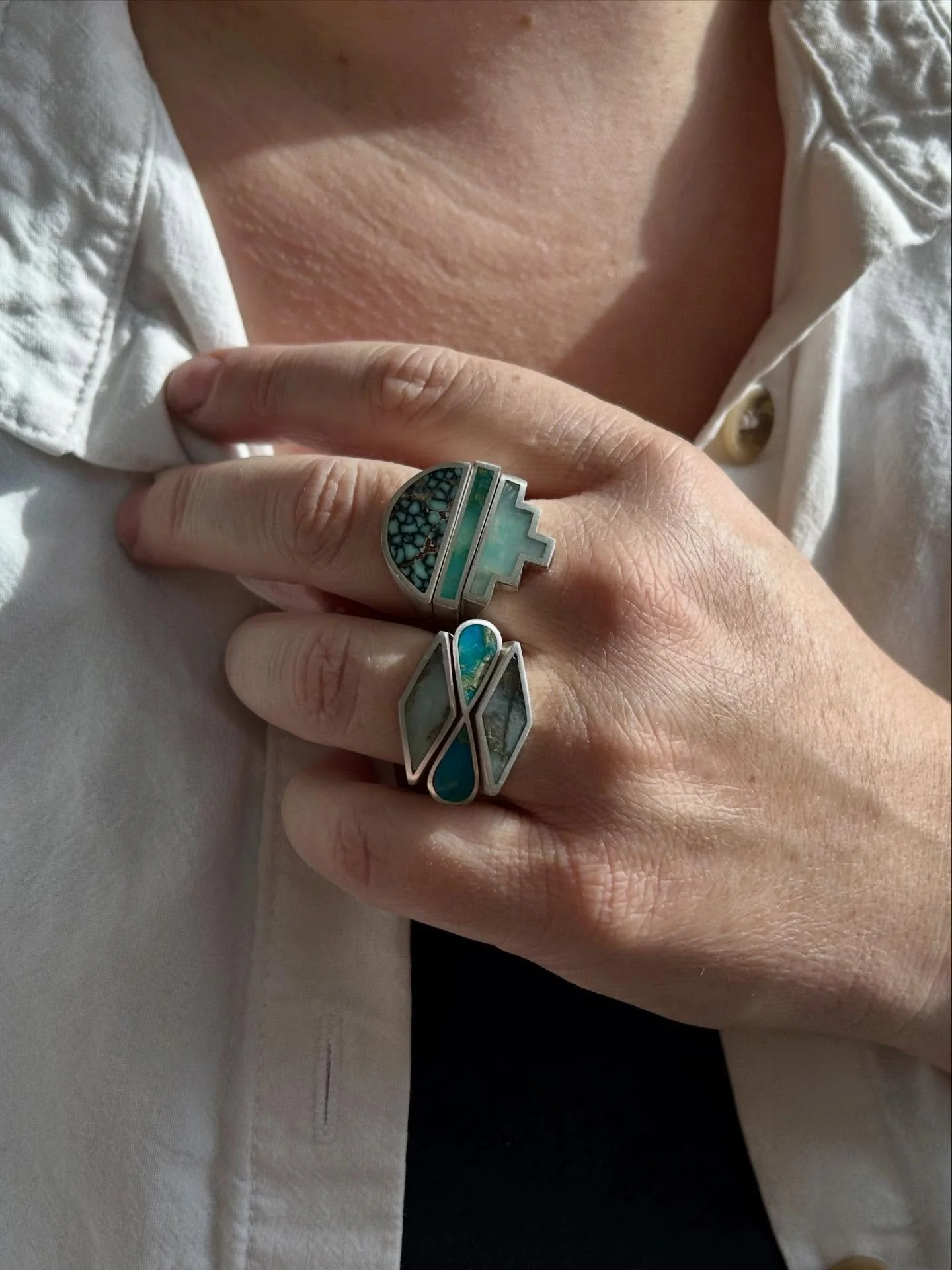 A little bit blue today 🩵💙🩵💙 solid sterling silver rings featuring blue opal, labradorite, &amp; peacock turquoise. These will be with my at my trunk show for Shop Small Saturday- check link in bio for the details :)