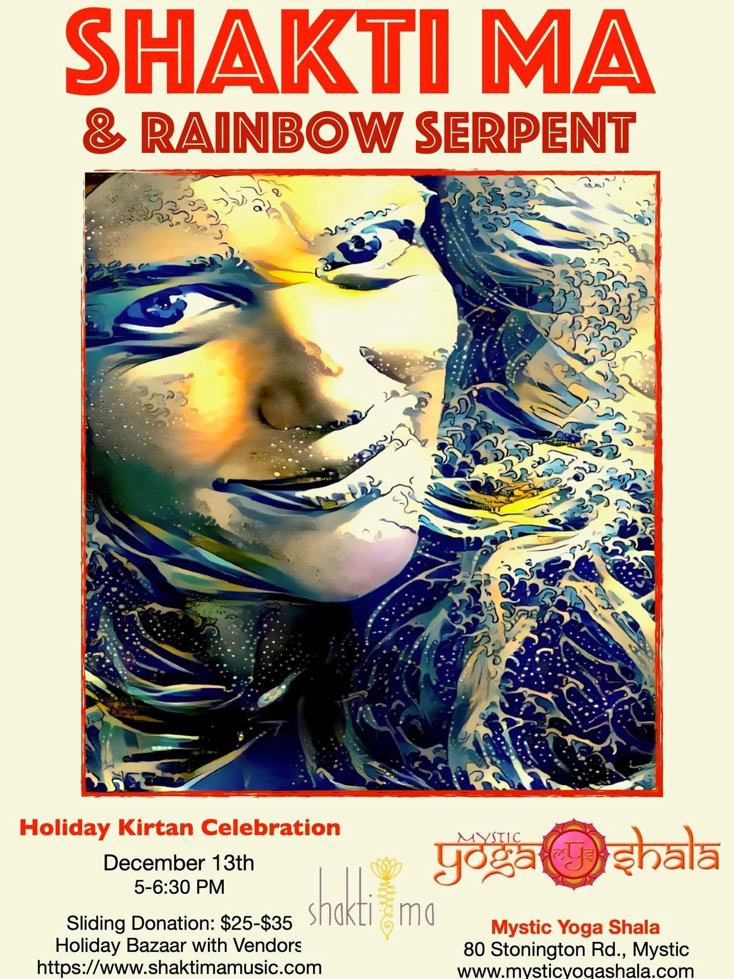 Join us for our next Kirtan and holiday cheer with Shakti Ma and the Rainbow Serpent band on December 13th! The Kirtan will begin at 5pm and end at 6:30pm. Stay until 7:30pm for the Holiday Bazaar to support local artisans! Register ahead of time thr