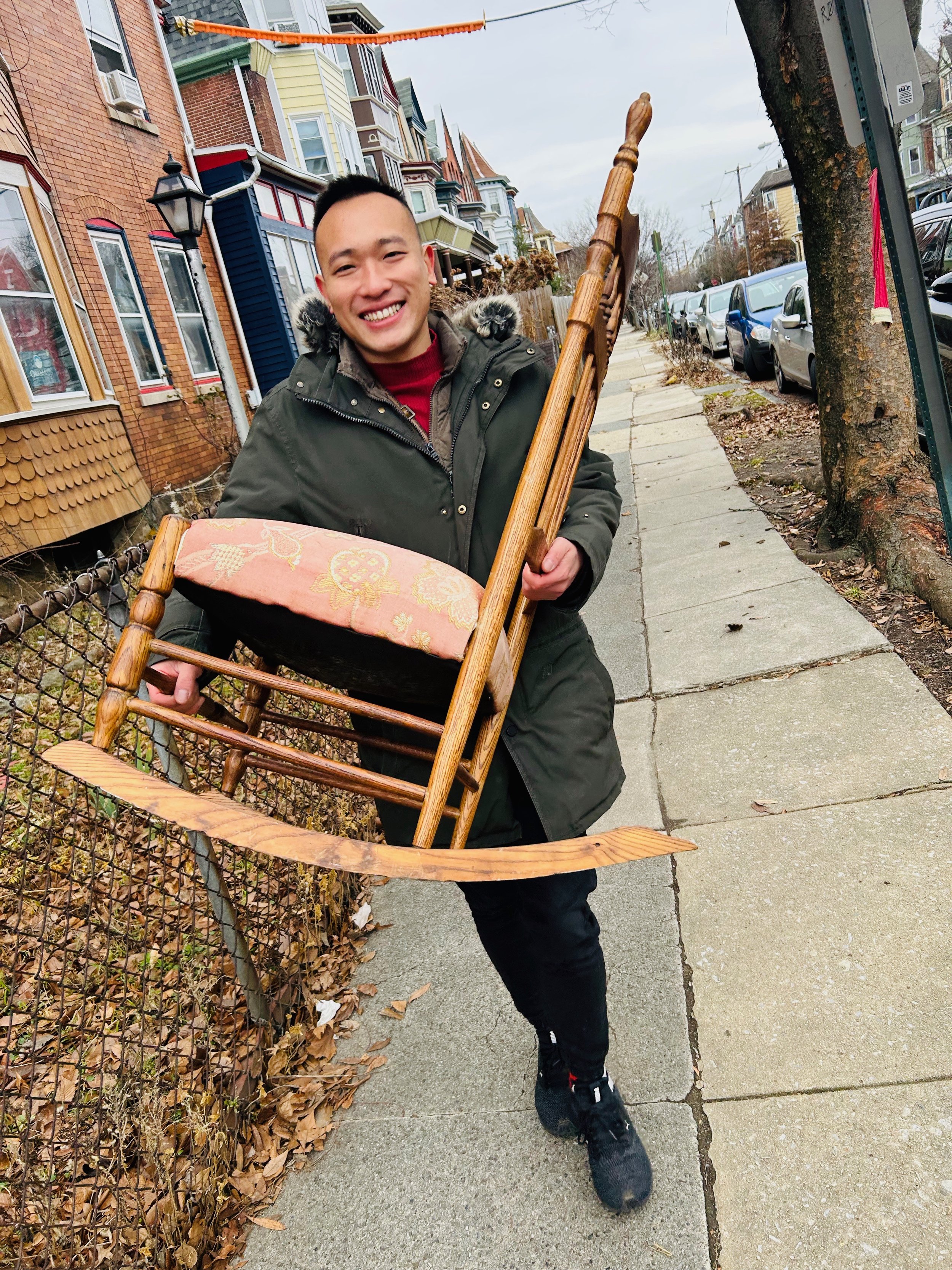 I fell in love with this rocking chair the moment I saw it on the West Philly sidewalk. Michael Leung helping me carry it back home!