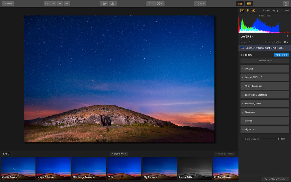 Luminar 2018 interface with all panels switched on.