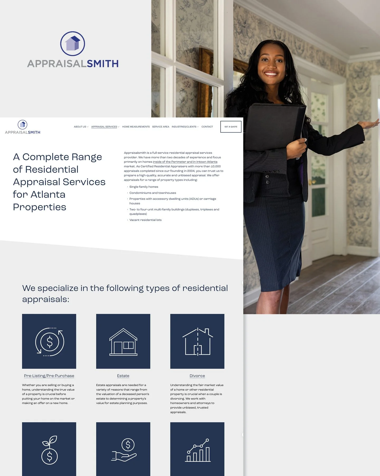 Appraisalsmith residential appraisal services webpage showing a portrait, service overview, icons and clearly structured content.
