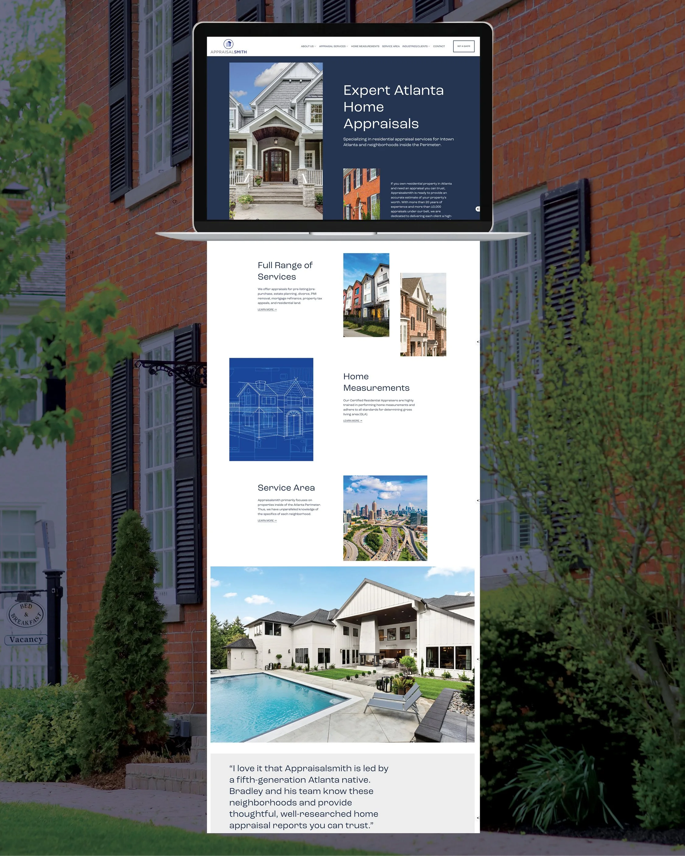 Appraisalsmith website mockup showing a laptop homepage view and scrolling website layout against a brick building background.