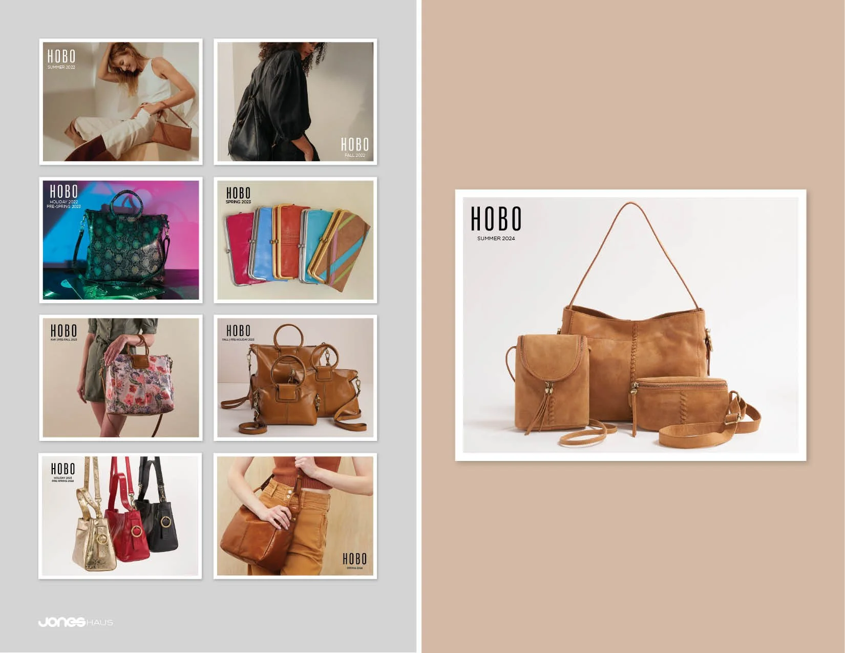  HOBO catalog covers designed by JonesHaus, highlighting 18 catalogs and five years of print and brand storytelling. 