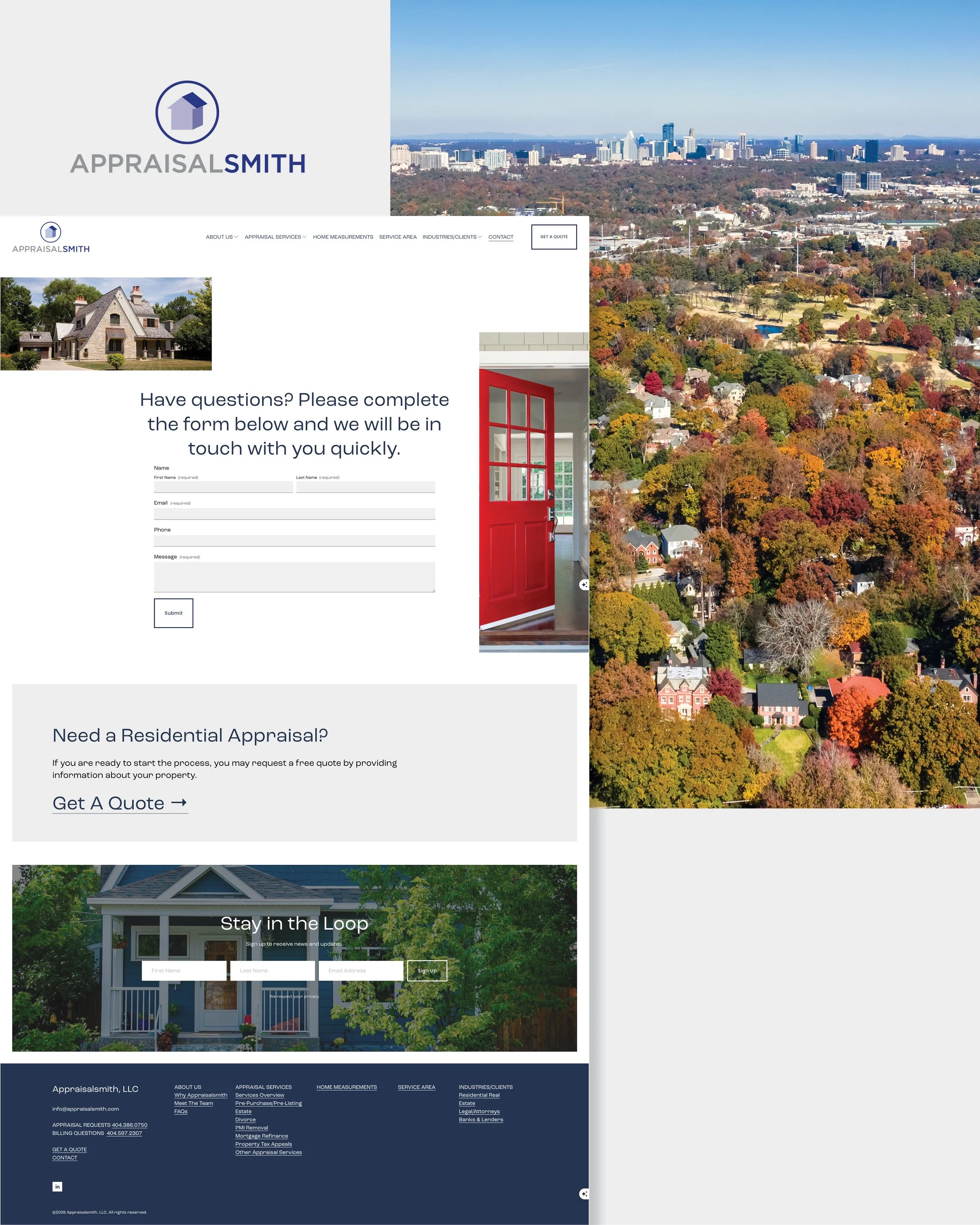 Appraisalsmith contact webpage showing an Atlanta skyline, inquiry form and Get a Quote call-to-action.
