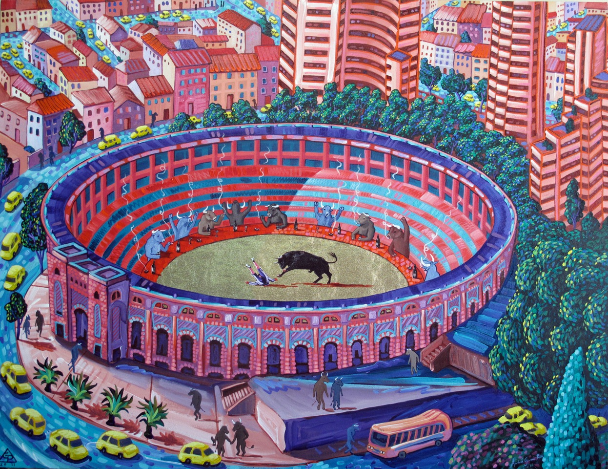 Venganza Bogotana , 2013, 40 x52, Oil, acrylic and gold leaf on canvas