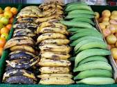 You can see here that Plantains come in a variety of "ripenesses". Green are a great form of resistant starch. As they get more "ripe" and black, they develop there sweetness and develop a much softer texture.