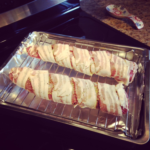 Bacon wrapped pork tenderloin from the 21 Day Sugar Detox Cookbook. So delicious and got me rave reviews from my guests. 