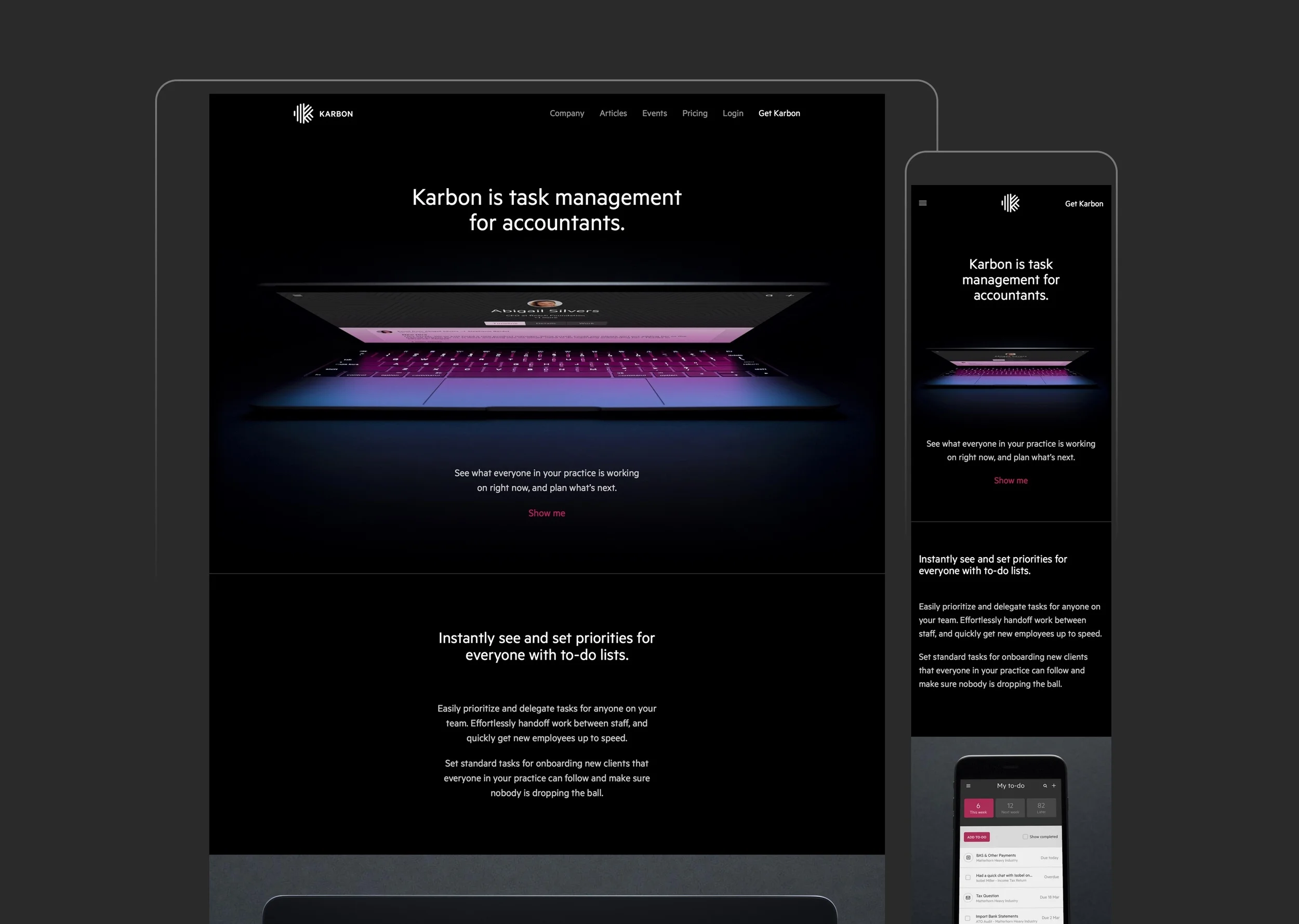 For the marketing homepage, I wanted to create a cinematic feel by building in the page piece by piece. 1. The device edge is illuminated. Intrigue sets in. Is there something more? 2. Device body fades in at the same time as page title and navigation. 3. The page visitor now has more context about what the app is about, and through considered photography is encouraged to explore the page.