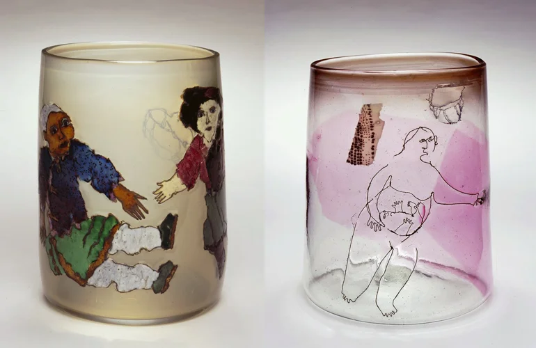 Joey Kirkpatrick and Flora C. Mace, (left) Rebecca And The Chinese Dol l (1981, glass, 9 1/2 x 7 inches), JK/FM.20 and (right) Figure With Child (1980, glass), JK/FM.21