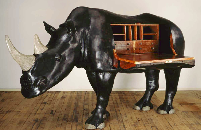  Michael Speaker,&nbsp; Rhino Desk &nbsp;(1993, ebony, amboyna, boxwood, leather, and bronze, 51 1/2 x 89 x 26 inches), MS.1 